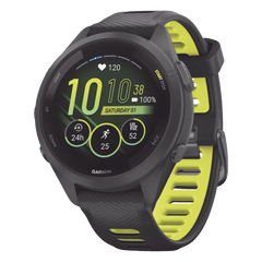 Forerunner® 265S, Bisel y carcasa en negro con correa de silicona en negro/amarillo