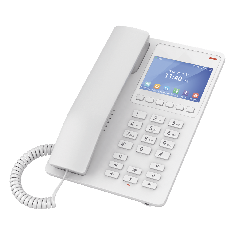 Teléfono IP WiFi Hotelero con pantalla LCD a color, 2 líneas SIP con 2 cuentas, codec Opus, IPV4/IPV6, color blanco, con gestión en la nube GDMS