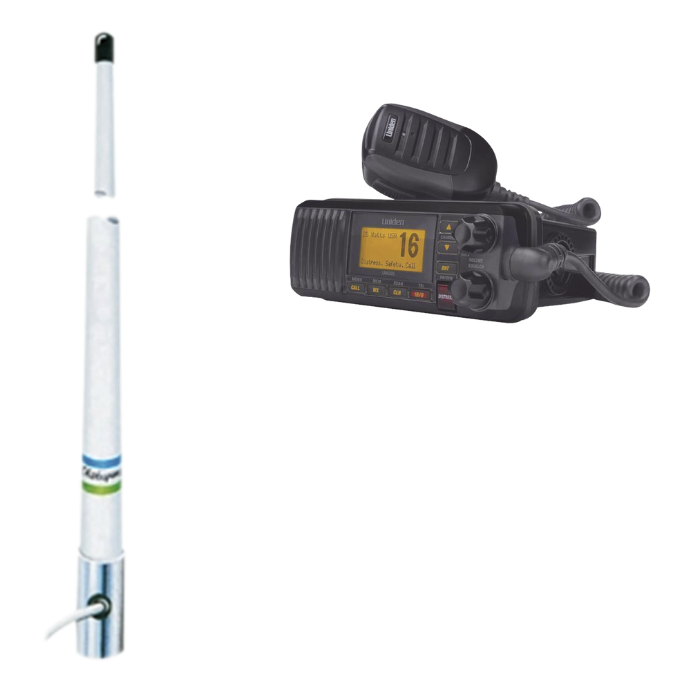 Kit de radio móvil VHF marino modelo UM-385 color negro y antena marina Shakespeare en fibra de vidrio 5101