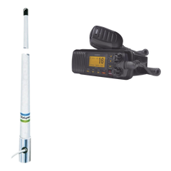 Kit de radio móvil VHF marino modelo UM-385 color negro y antena marina Shakespeare en fibra de vidrio 5101