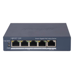 Switch Gigabit PoE+ / Monitoreable / 4 Puertos 1000 Mbps PoE+ / 1 Puerto 1000 Mbps Uplink / Configuración Nube Hik-PartnerPro / Modo Extendido hasta 300 Metros / 45 Watts
