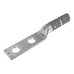 Zapata Terminal de Compresión de Barril Largo con Doble Ojillo para Tornillo 1/4" y Cable 4 AWG / Espaciado de 5/8".
