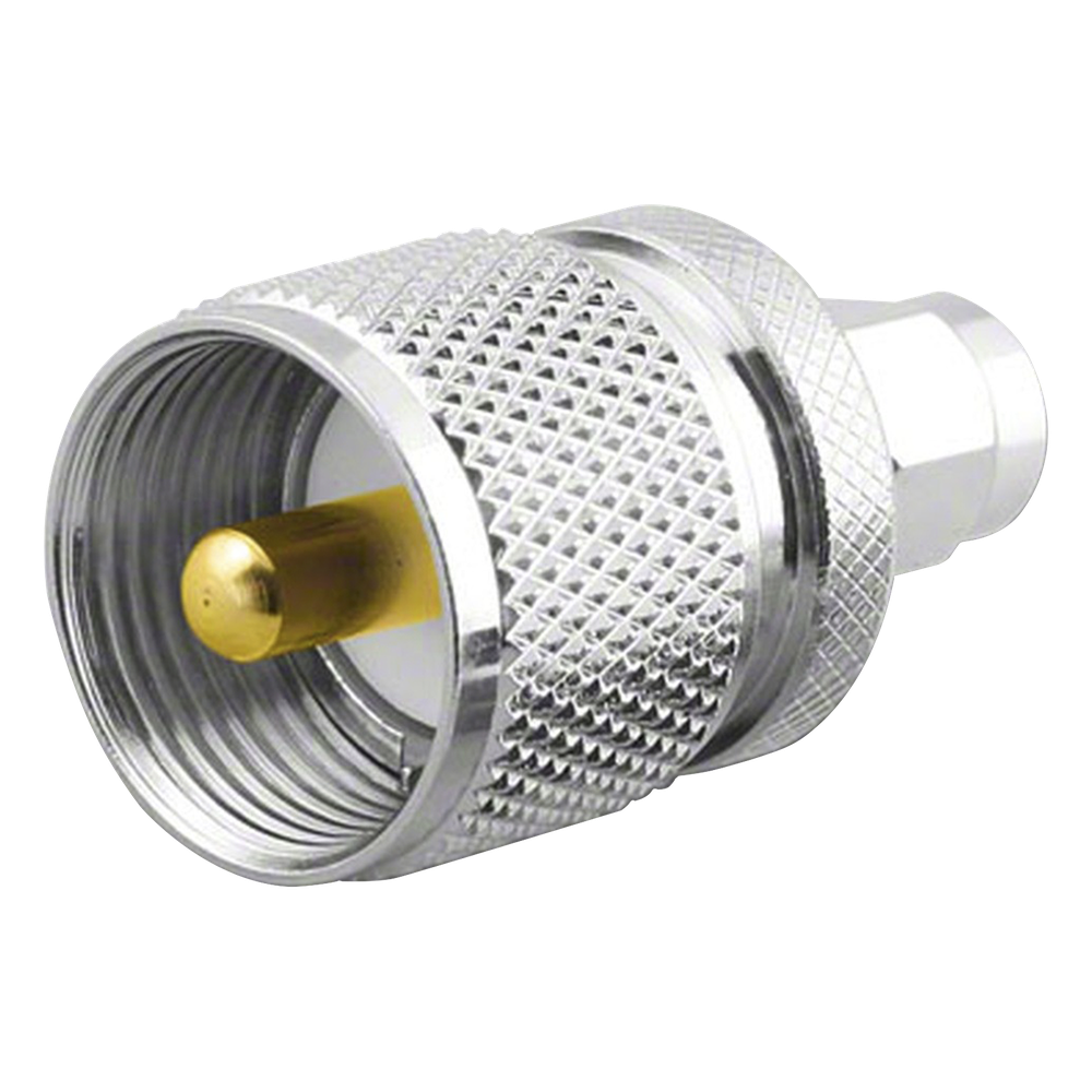 Adaptador en Línea, de Conector SMA Macho a UHF Macho (PL-259), Níquel/ Oro/ Teflón.