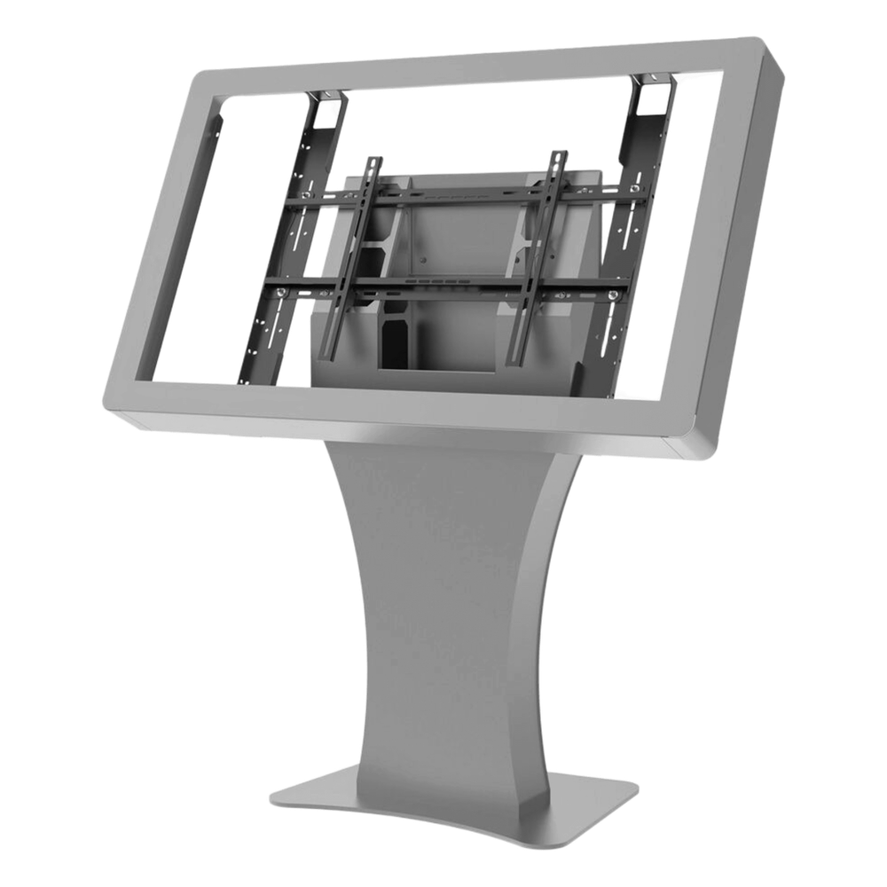 Kiosko Landscape Indoor / Soporte para Pantallas Digitales 55" / Diseño Hourglass Moderno / Base Plana Rectangular / Tray Interno para Componentes / Protección contra Robos / Acabado Powder Coat Premium