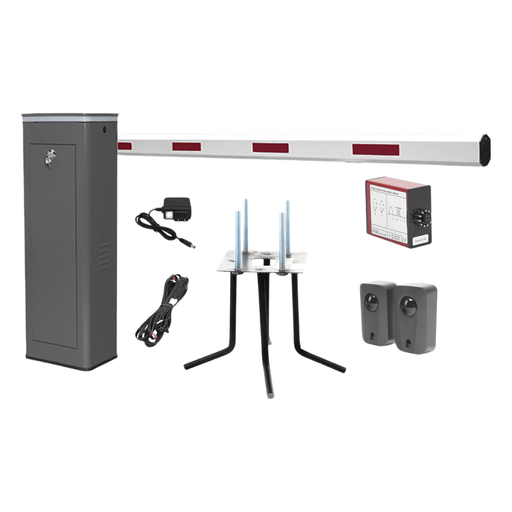 Kit COMPLETO Barrera Derecha XBS Con Corona LED / Brazo de 5.5 Metros / Incluye Sensor de Masa, Transformador, Lazo Magnético, Ancla, Fotoceldas y 2 Controles Inalámbricos