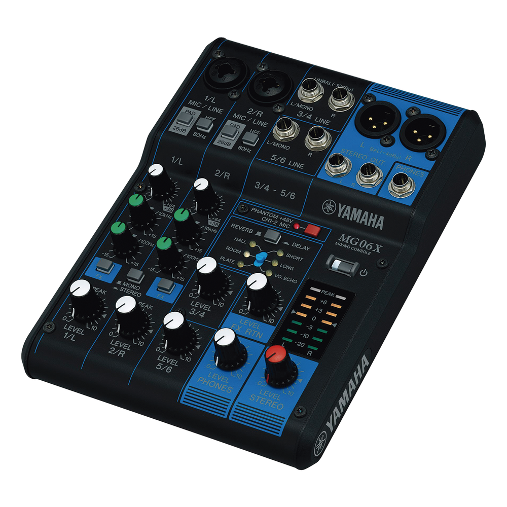 Mezcladora de Audio | 6 Canales | 2 entradas de micro/6 de línea (2 mono + 2 estéreo) | Efectos Integrados | Alimentación Phantom