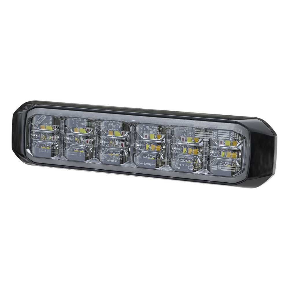 Luz Auxiliar de 18 LED, Tricolor Rojo/Blanco/Azul, Lente Transparente, Bisel Negro, SAE