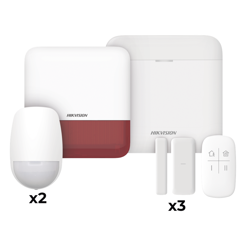 (AX PRO) KIT de Alarma AX PRO / Incluye: 1 Hub con batería de respaldo / 2 Sensores PIR / 3 Contactos Magnéticos mini / 1 Control Remoto / 1 Sirena Inalambrica Exterior color rojo  / WiFi / Compatible con Hik-Connect P2P