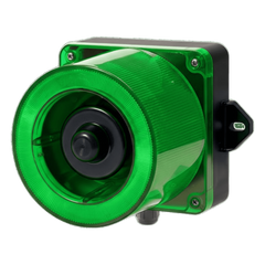 Combinacion de baliza LED color Verde y sirena electrónica de 31 tonos resistente a la intemperie de volumen máx. 123 dB a 12-24 VCD