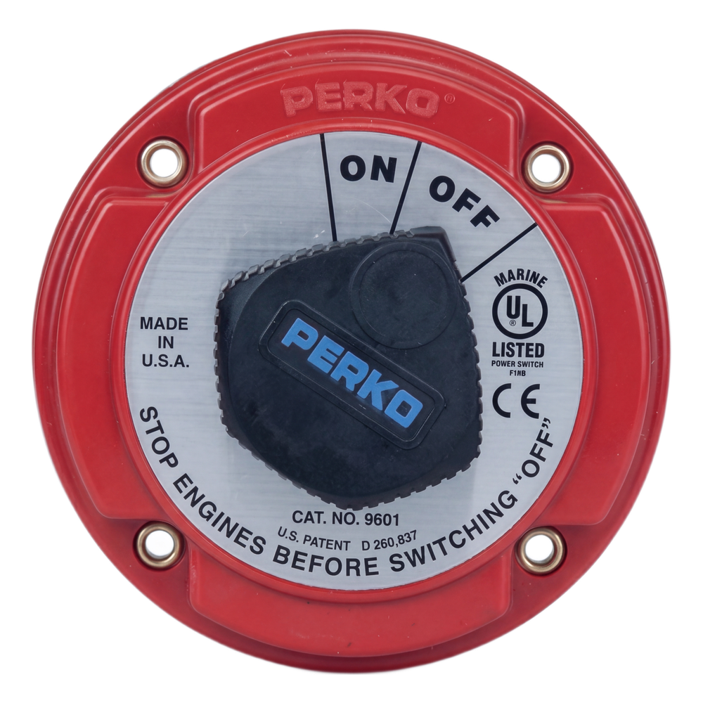 Interruptor de Desconexión de Batería Marina PERKO 9601 / 250A Continuos 360A Intermitentes / 6-32 VCC / Encendido Protegido / Desconexión de Alternador / Seguridad con Llave