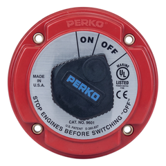 Interruptor de Desconexión de Batería Marina PERKO 9601 / 250A Continuos 360A Intermitentes / 6-32 VCC / Encendido Protegido / Desconexión de Alternador / Seguridad con Llave