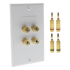 KIT 1 Placa de Pared + 2 Pares Conectores Banana (Rojo+Negro) | Postes de Unión Tipo Banana | Conexión para 2 Altavoces | Fácil Instalación | Conectores Chapados en Oro