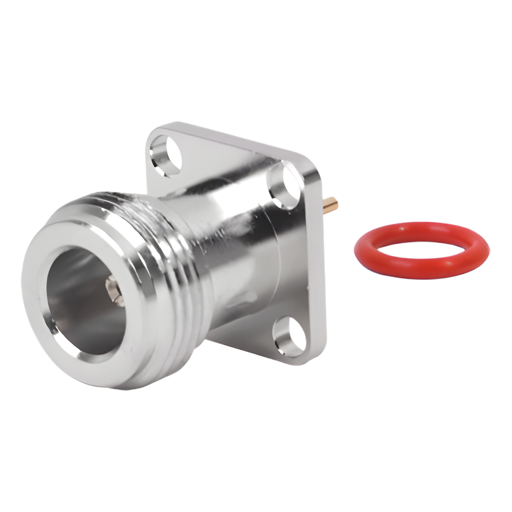Conector N Hembra de Montaje de Panel con 4 perforaciones a 12.7 mm, soldable.