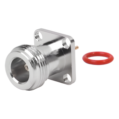 Conector N Hembra de Montaje de Panel con 4 perforaciones a 12.7 mm, soldable.