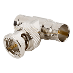 Adaptador en T para 50 Ohm de BNC Macho a Doble BNC Hembra, Troquelado, Níquel/ Oro/ Delrin.