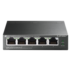 Switch PoE No Administrable de Escritorio / 5 puertos 10/100 Mbps / 4 puertos PoE af / Presupuesto 41 W / Modo extensor PoE hasta 250 metros / Calidad video prioritaria