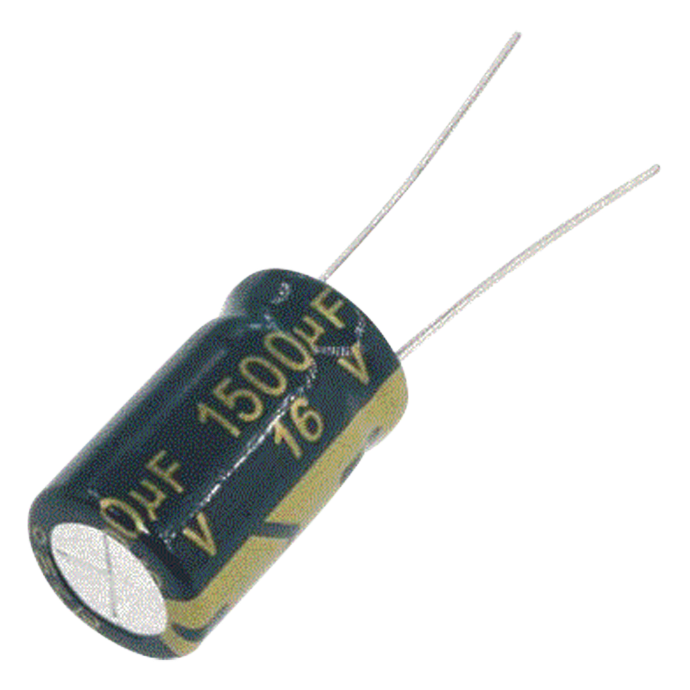 Capacitor Electrolítico de Aluminio, Radial de 1500 µFd, 16 Vcc, 105 °C, 10 x 20 mm.