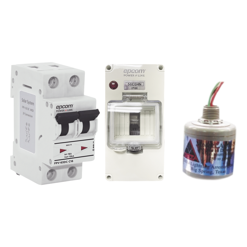 Kit de Centro de Carga Para Corriente Directa, Breaker de hasta  800 Vcc de 32 A con Supresor de Descargas Atmosféricas.