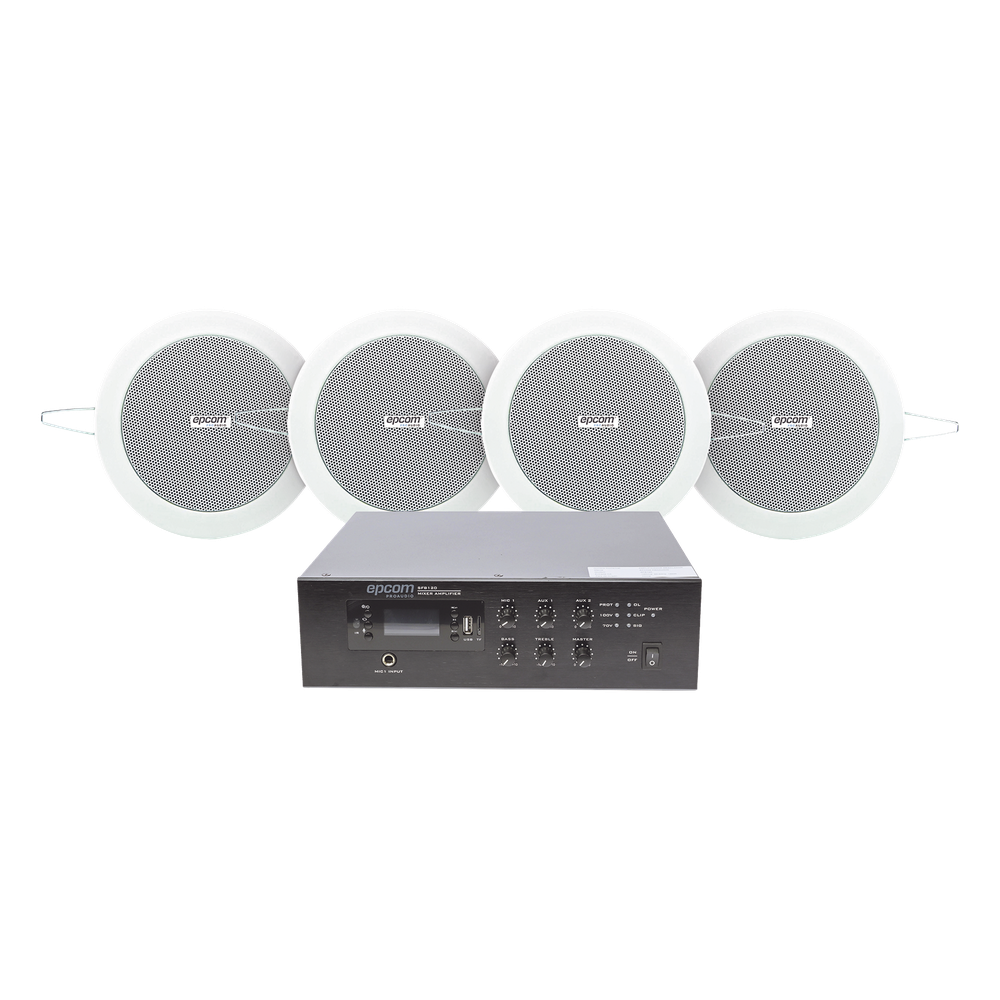 KIT de Amplificador de 120W para Escritorio | 4 Altavoces de Plafón de 4in | 3 - 6W | Sistema 70/100V