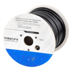 Bobina de Cable de 305 Metros (1000 Pies) Cat5e, Aleación de Cobre y Aluminio (CCA), Color Negro, Uso Intemperie, Doble Forro
