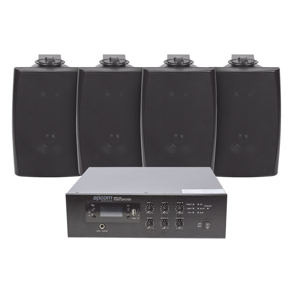 KIT de Amplificador de 120W para Escritorio | 4 Altavoces de Pared color Negro 2.5W - 20W | Sistema 70/100V