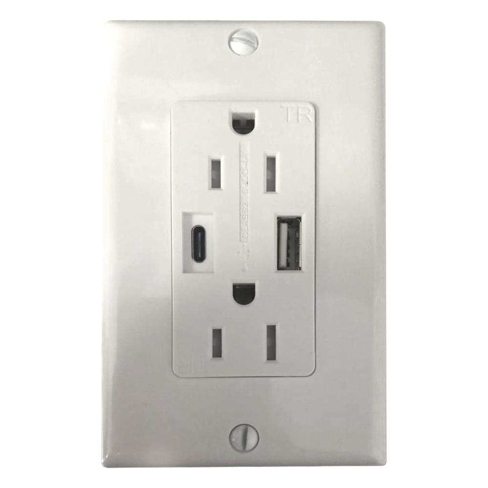 Contacto Dúplex con puertos USB Tipo A y C, 15 A, 100 - 240 V, USB 5 V, Incluye la Placa.