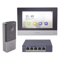 Kit de Videoportero IP + Switch PoE Estándar con llamada a App de Smartphone (HikConnect) / Apertura con tarjeta MIFARE / Frente de calle IP65 / Soporta 1 Departamento