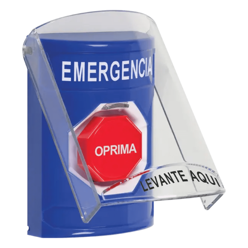 Botón Multipropósito, Color Azul, De Superficie, Con Tapa De Policarbonato, Sin Bocina Pre Alarma, Solo Interior, Llave Para Restablecer, Texto De Emergencia, Español