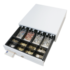 Cajón para Efectivo / Serie MK / Compacto 330 mm / 4 Billetes + 8 Monedas / Apertura RJ12 / Clips Metálicos / Punto de Venta
