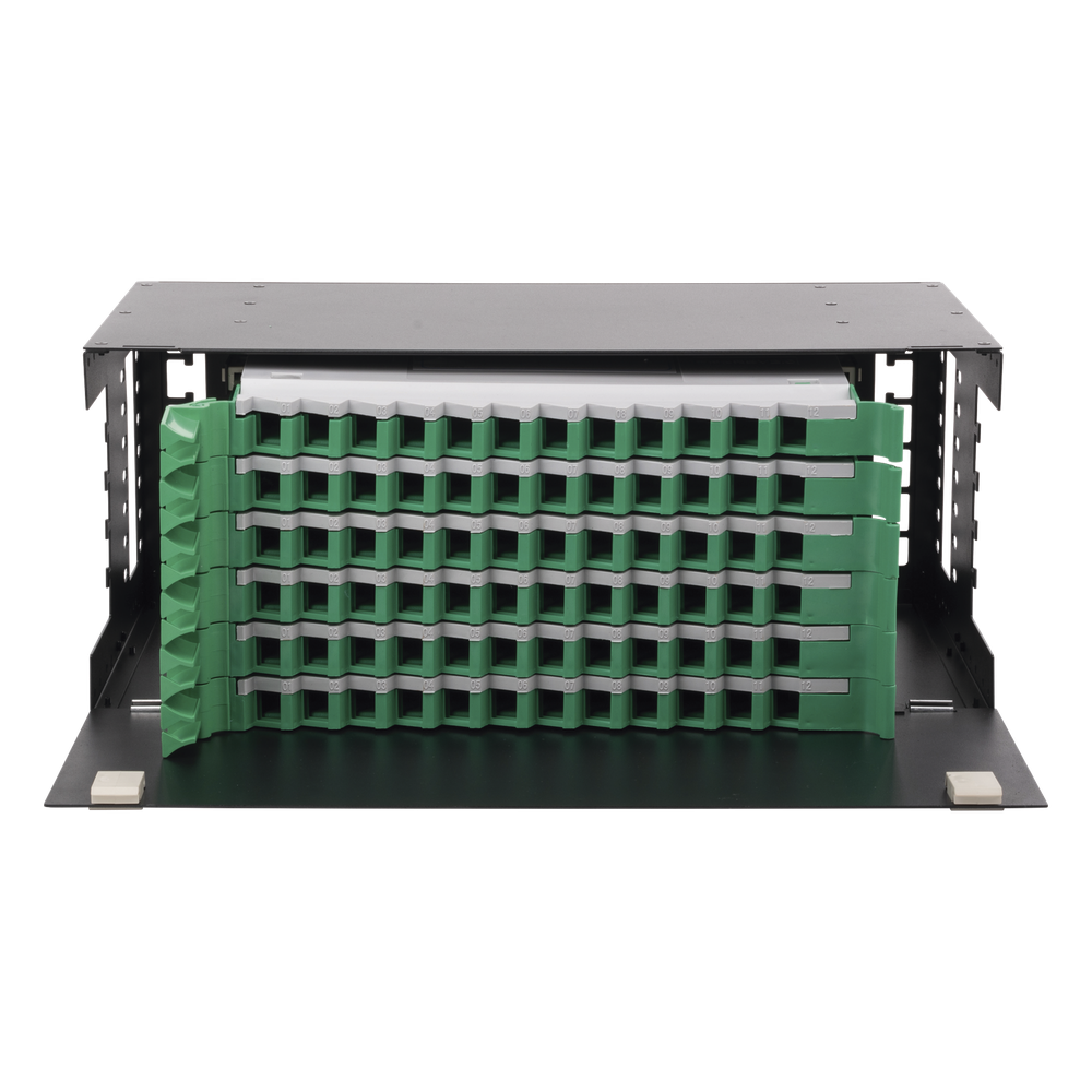 Distribuidor de Fibra Óptica con Bandejas Deslizables, Vacío, 19 Pulgadas, Acepta 72 Adaptadores LC Duplex o LC Simplex o 72 SC Simplex, 4U