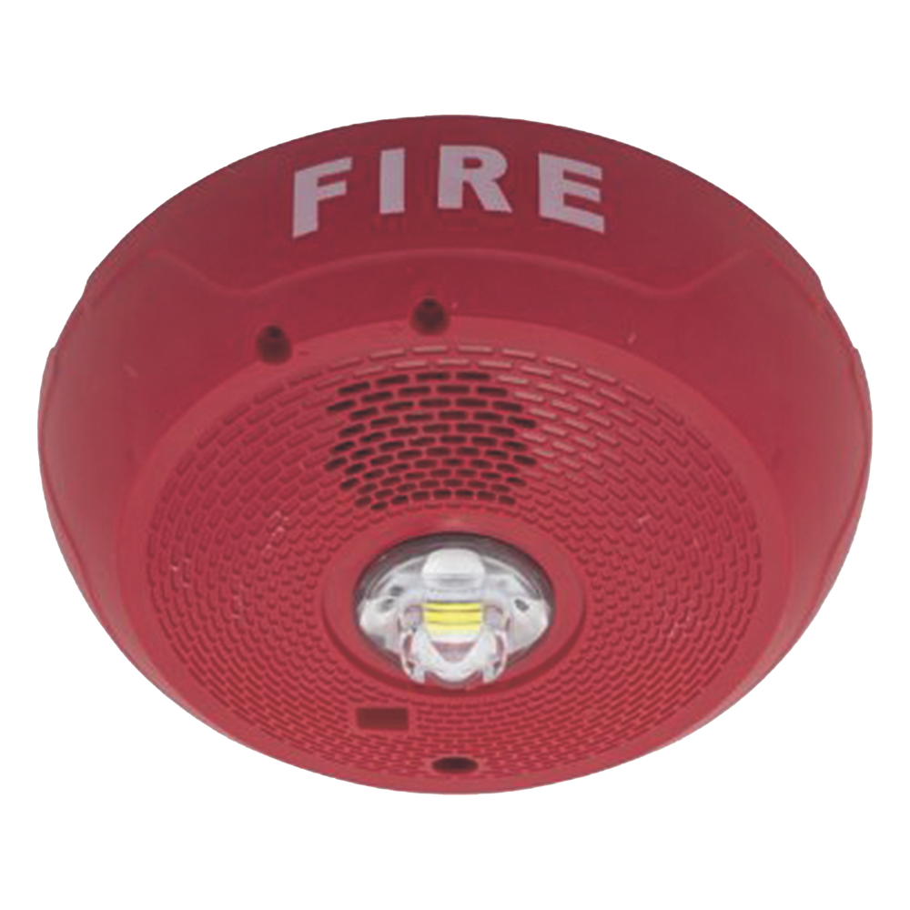 Sirena con estrobo LED de 2 hilos para techo, 24 Vcd, candela seleccionable hasta 177 cd, puntos de prueba DVM, color rojo