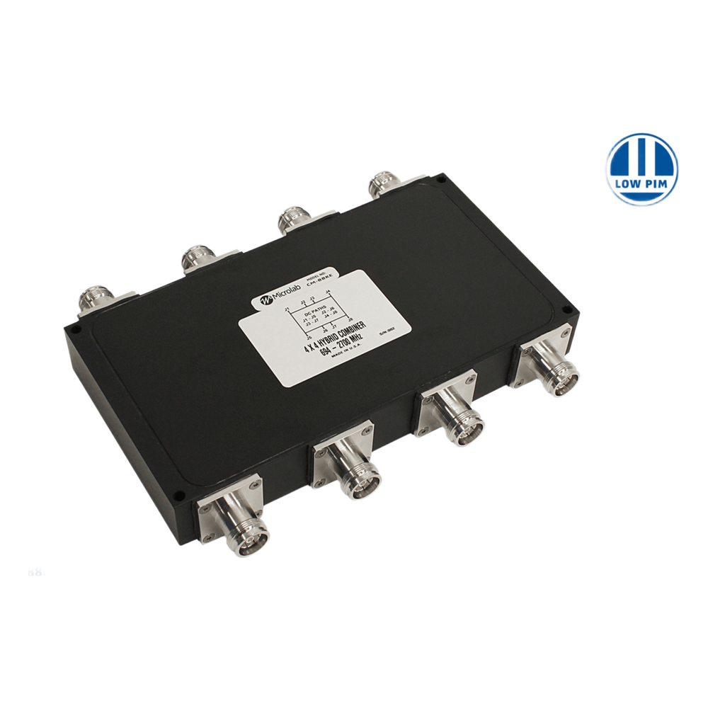 Combinador Híbrido 4x4 Wideband / 617-2700 MHz / 150W por Entrada / Aislamiento 23 dB / Bajo PIM -161 dBc / IP68 Exterior / Conectores 4.3-10