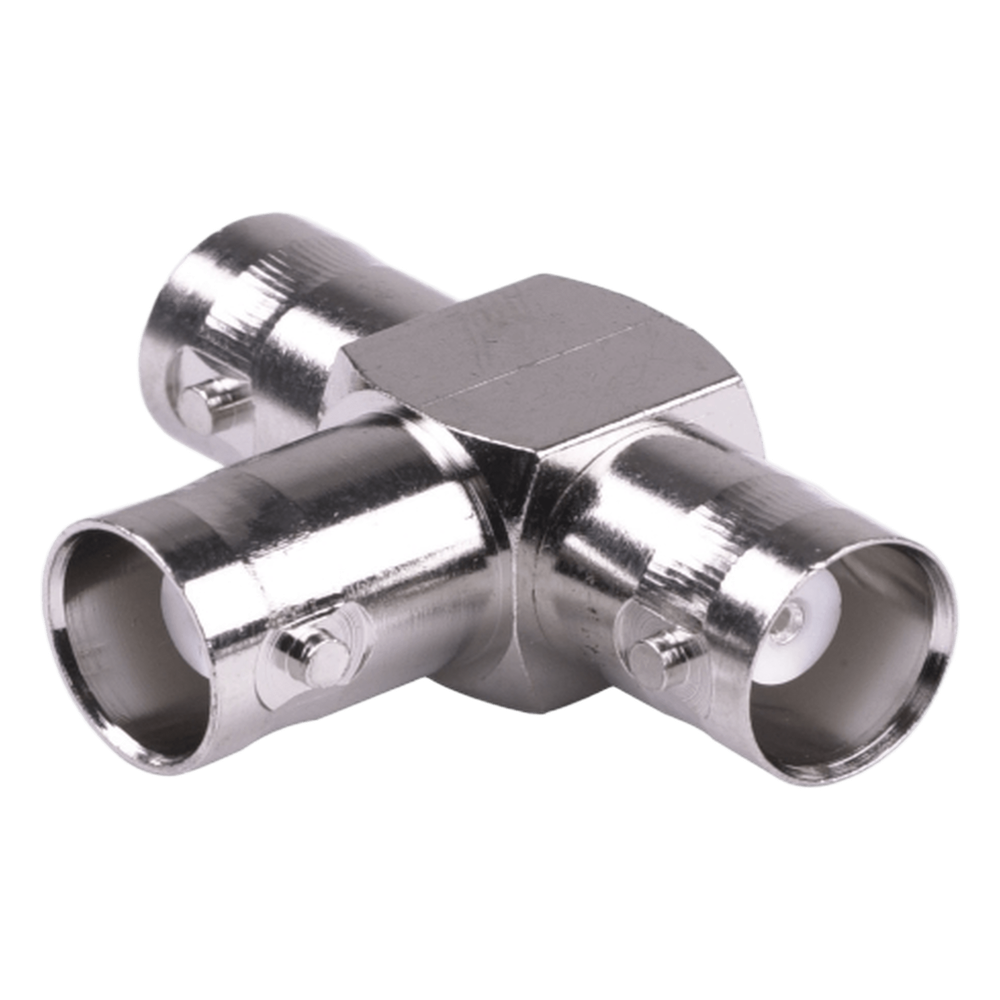 Adaptador Triple en T para 50 Ohm de BNC Hembra a Doble BNC Hembras, Níquel/ Plata/ Teflón.