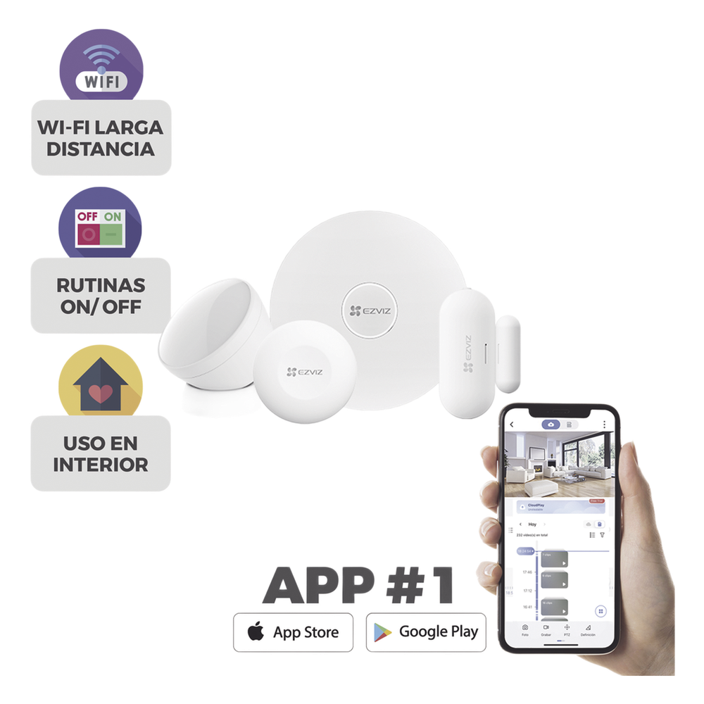 Kit de Alarma Inalambrico / Incluye: 1 Hub, 1 Sensor PIR, 1 Contacto Magnético y 1 Smart Boton / Configuración y Visualización por App Móvil EZVIZ / Protocolo Zigbee