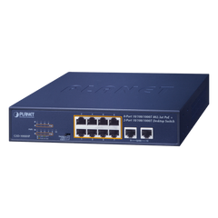 Switch de Escritorio No Administrable / 8 Puertos 10/100/1000T PoE+ 802.3at / 2 Puertos Uplink 10/100/1000T / Presupuesto PoE 120 Watts / Modos Estándar, VLAN y Extend / Distancia Extendida 250 mts / Rackeable