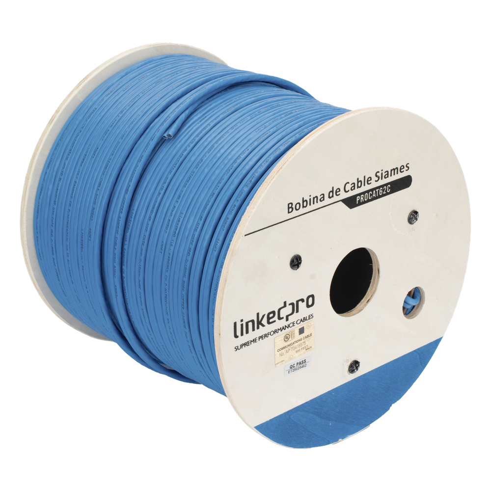 Bobina de Cable Siamés Cat6 UTP 100% Cobre + 2 Cables Gruesos (18 AWG) para Alimentar Cámaras Más Lejos / 152 Metros (500 Pies) / Instalación en Exterior / Uso Industrial para Climas Extremos