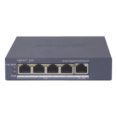 Switch Gigabit PoE+ / Administrable / 4 Puertos 1000 Mbps PoE+ / 1 Puerto 1000 Mbps Uplink / Configuración Nube Hik-PartnerPro / Modo Extendido hasta 300 Metros / 60 Watts