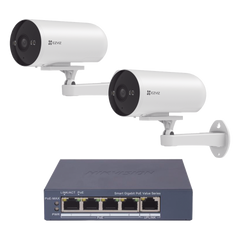 Kit de cámaras PoE Para Uso en Exterior / PoE Estandar Af / 2 piezas CS-H5/3MP/ 1 Pieza de Switch DS-3E1505P-EI/M / Vision Nocturna a Color / IP67 / Audio Bidireccional / Luz y Sirena / 4 Puertos 1000 Mbps PoE+ / 1 Puerto 1000 Mbps Uplink