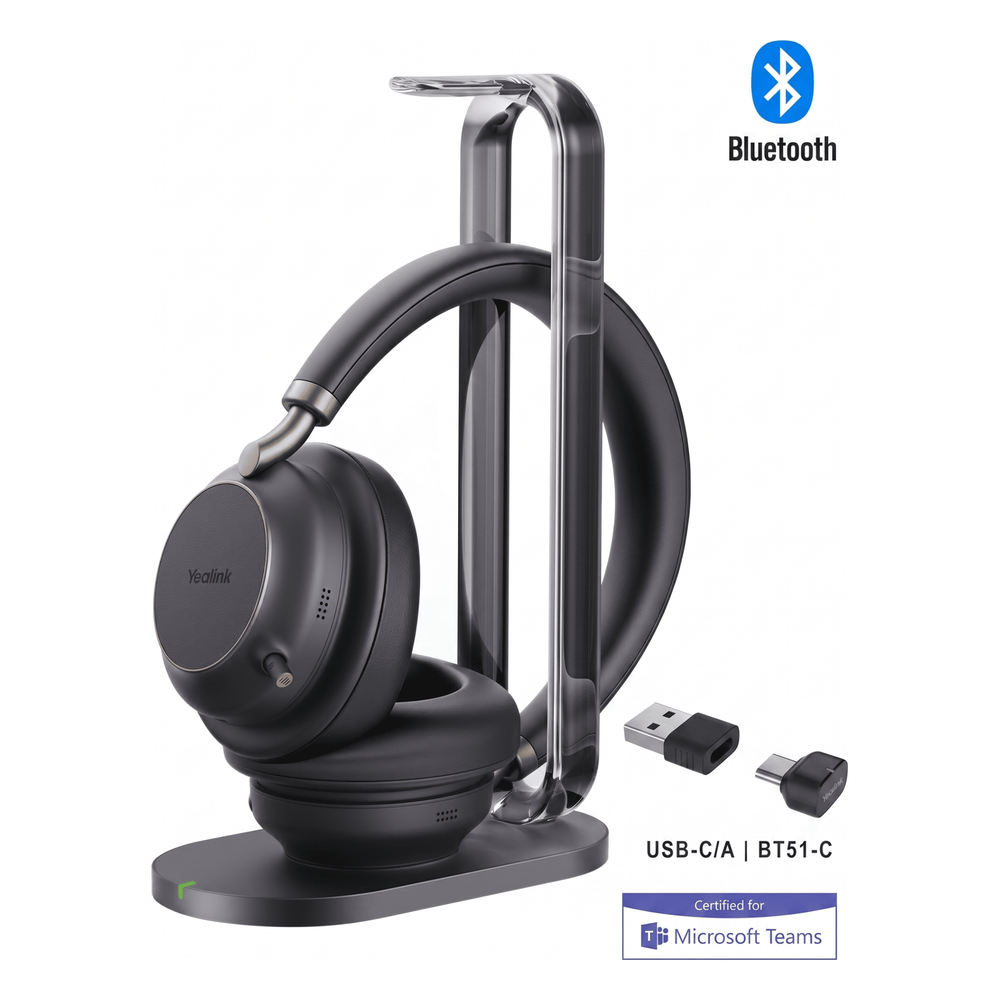 Auriculares Yealink BH76 Plus Stereo MS edition con base de carga/Bluetooth 5.3 con adaptador USB-C y USB-A/Cancelación activa de ruido/De diadema y supraaurales
