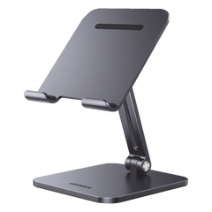 Soporte de Aluminio para IPad & Tablet | Plegable |Angulo Ajustable de 180° y 270° | Base Antideslizante | Protección  de Silicona | Amplia Compatibilidad con dispositivos de 7.9'' a 12.9'' | Aluminio Solido | Color Gris