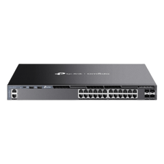 Switch Gestionable L3 Stackable / 24 Puertos Gigabit + 4 Slots 10G SFP+ / Capacidad de Conmutación 128 Gbps / Stack Físico hasta 8 Unidades / L3 RIP OSPF VRRP PIM / Gestión Cloud Omada SDN