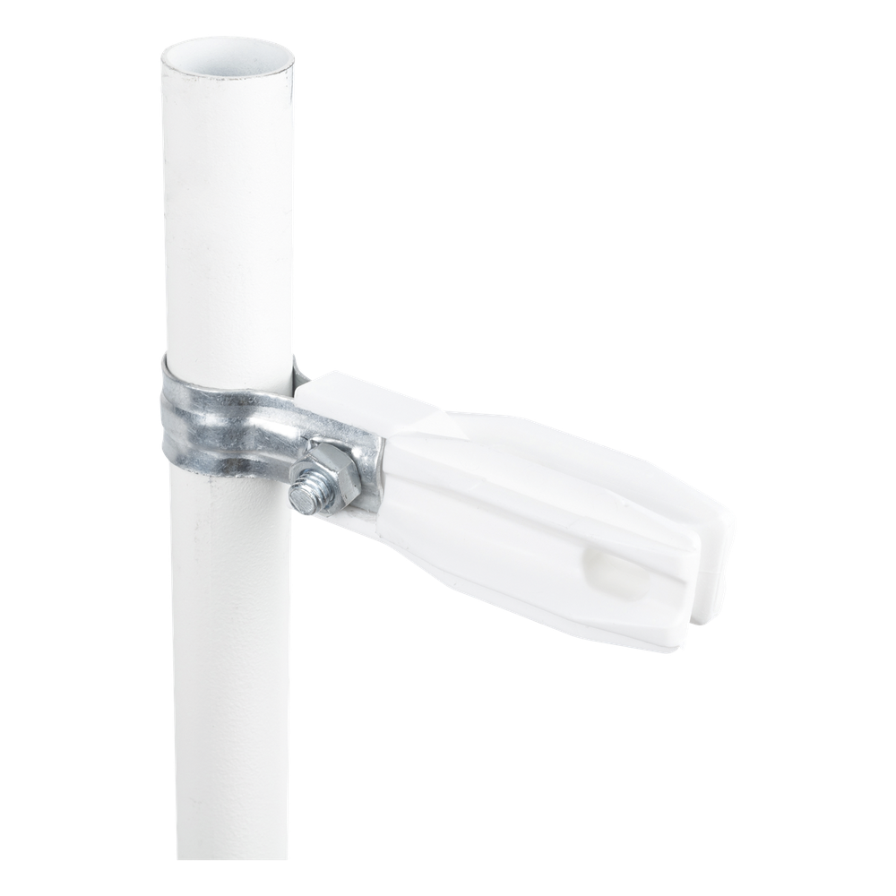 Aislador de Paso o Esquina Blanco con Abrazadera / 1 Pulgada (25 mm) / Resina Virgen 100% / Anti-Arqueo / Acero Galvanizado / Poste Cerco Eléctrico