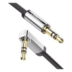 Cable Auxiliar Plano 2 Metros / Conector 3.5mm a 3.5mm / Macho-Macho / Recto a Angulo / Ángulo de 90° en una de sus Puntas / Color Negro