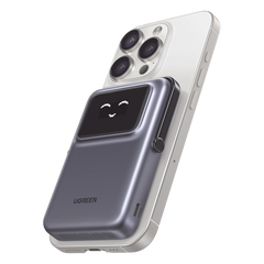 Power Bank Serie UNO Inalambrico | 10000mAh | 7.5W/20W  |  Con Emojis de Estado | Carga Rápida USB-C Bidireccional  | Pantalla TFT  Inteligente | Con Holder | Color Grey.