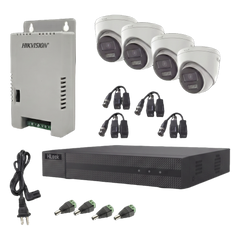 Kit HiLook Audio Bidireccional TurboHD 1080p / DVR Metalico 4 Canales / 4 Cámaras Eyeball (Exterior) con Bocina y Microfóno Integrado / 1 Fuente de Poder / Accesorios
