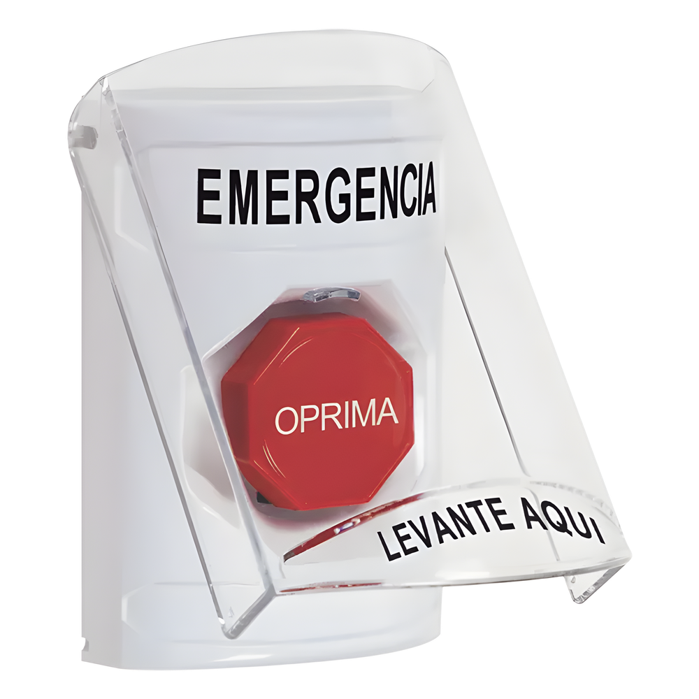 Botón Multipropósito, Color Blanco, De Superficie, Con Tapa De Policarbonato, Con Bocina Pre Alarma, Solo Interior, Llave Para Restablecer, Texto De Emergencia, Español