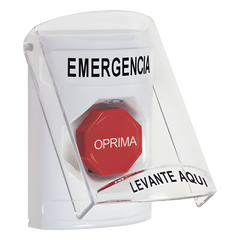 Botón Multipropósito, Color Blanco, De Superficie, Con Tapa De Policarbonato, Con Bocina Pre Alarma, Solo Interior, Llave Para Restablecer, Texto De Emergencia, Español