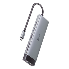 Adaptador HUB 9 en 1, 1 puerto USB-C entrada, 1 puerto HDMI 4K, 1 puerto Ethernet Gigabit, 1 puerto SD y MicroSD, 1 puerto USB-C y 3 puertos USB-A