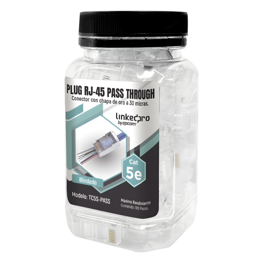 Bote con 100 Plugs Pass Through RJ45 Cat5e Blindado, Chapado de Oro a 30 Micras para Durabilidad Extrema
