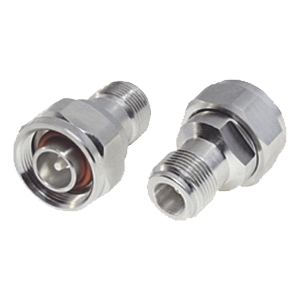 Adaptador en Línea, de N Hembra a (Mini) DIN 4.1-9.5 Macho, PIM -155 dBc, Bronce Blanco/ Plata/ Teflón.